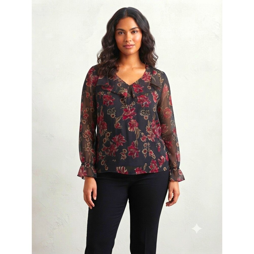 Cato Est. 1946 Floral Chiffon Sheer Ruffle V-Neck Blouse Women's 20W Black Red